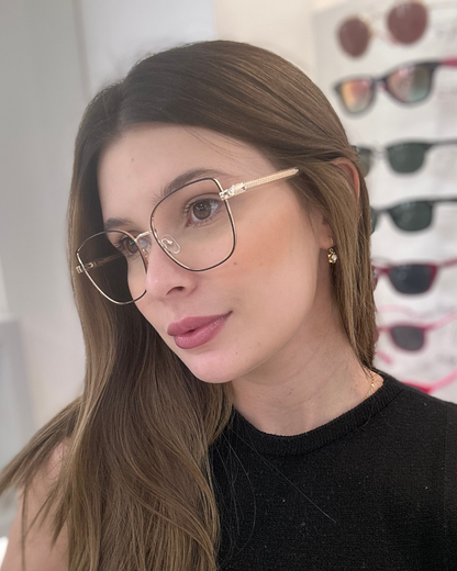 Óculos Feminino Metal Preto e Dourado com Haste Revestida em Acetato Dourado SUM8806 C2 54