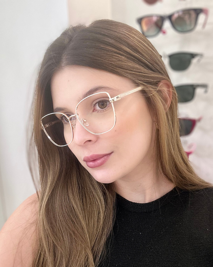 Óculos Feminino Branco e Dourado com Haste Revestida de Acetato em Dourado SUM8806 C8 54